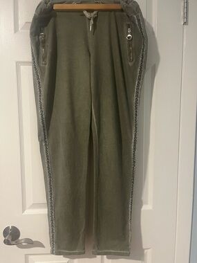 Olive Green Women's Velvet Jogger Trousers with Side Trim